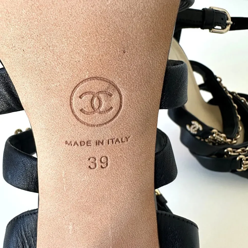 CHANEL CC Logo Black Lambskin Quilted Heels Gold Chain Strap Sandals IT 39
